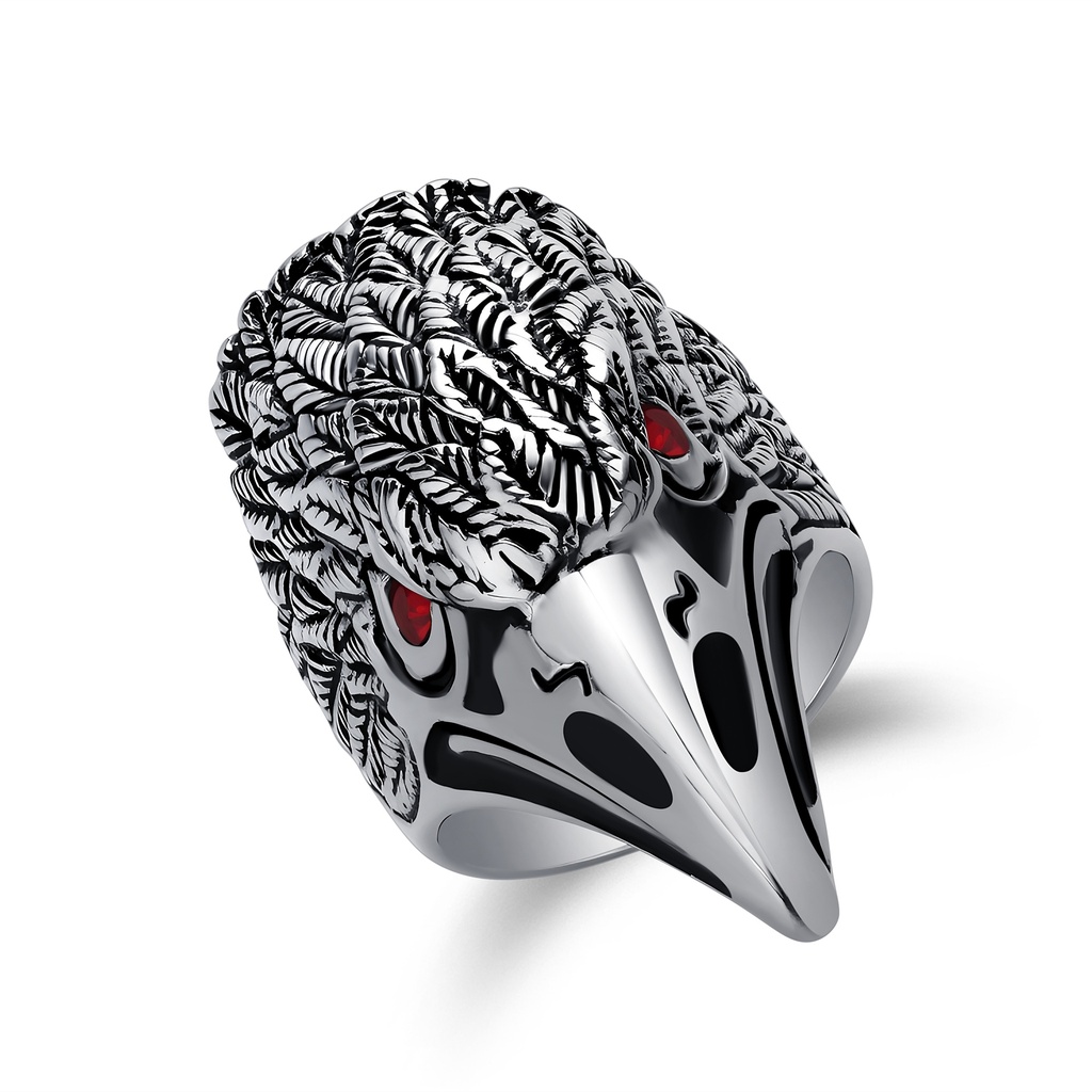 Raven Head Ring – Red Eyes, Feather Texture, Bold Gothic Design