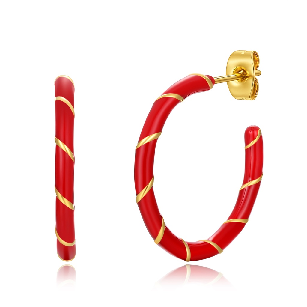 Red Enamel and Gold Spiral Candy Cane Hoop Earrings