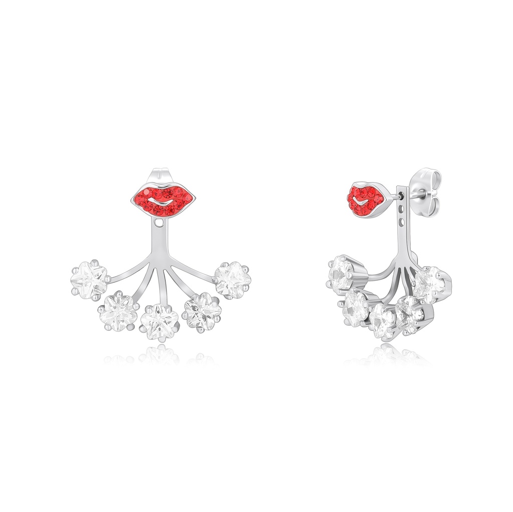 Red Lip and Crystal Fan Earrings in Stainless Steel Design