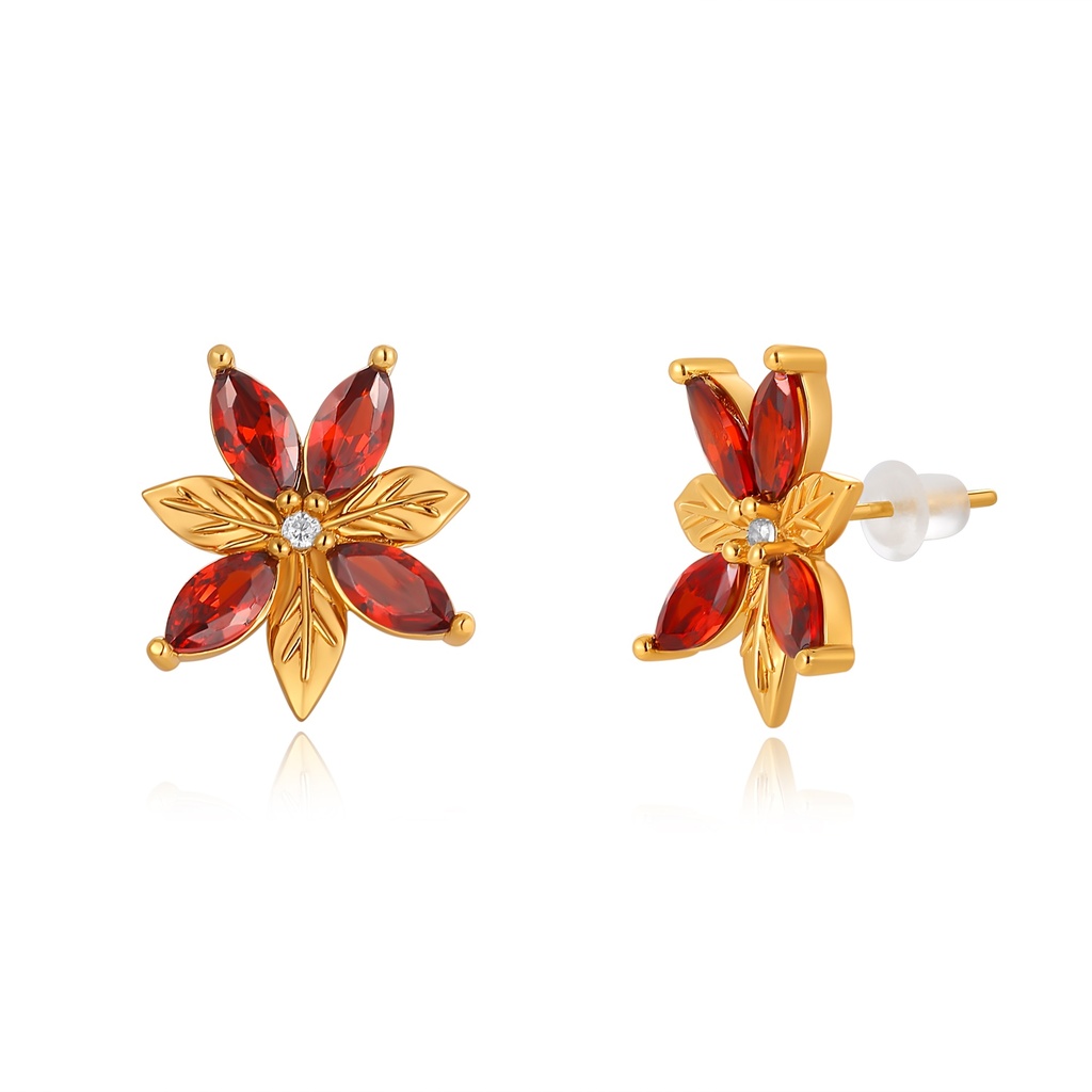 Red crystal flower studs with golden leaf and bright sparkle