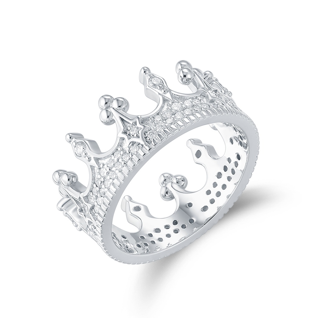 Regal Crown-Inspired Silver Ring with Sparkling Star Accents