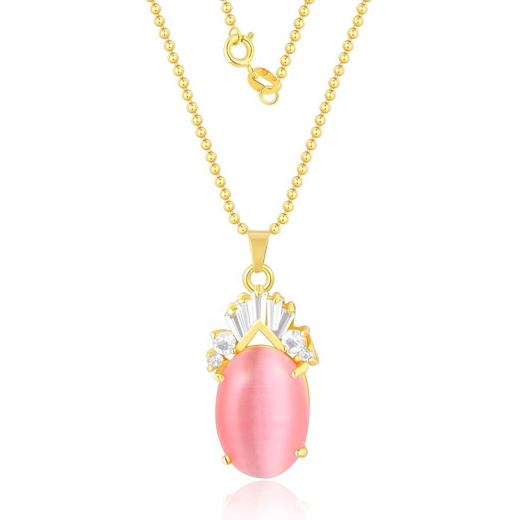 Regal pink cat’s eye pendant with crystal fan accents