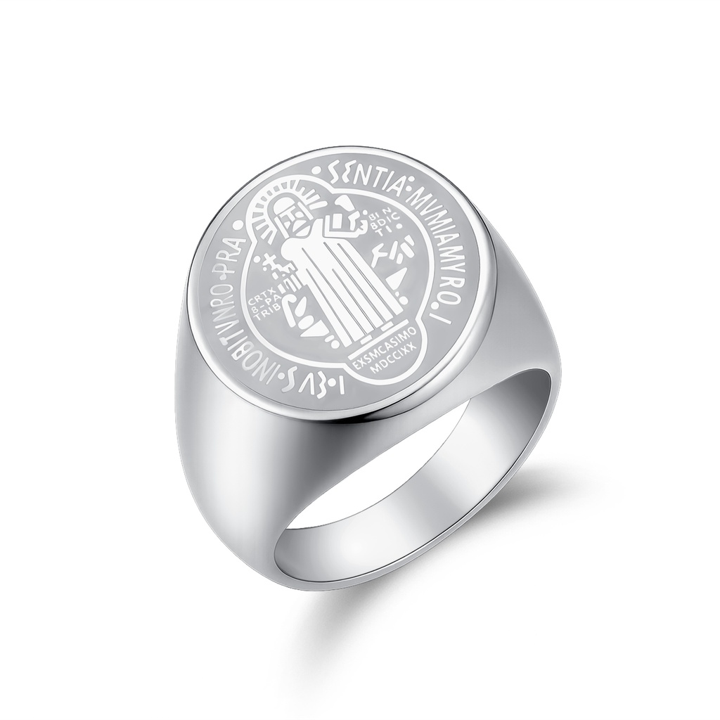 Religious Stainless Steel Ring with Saint Benedict Medal Design
