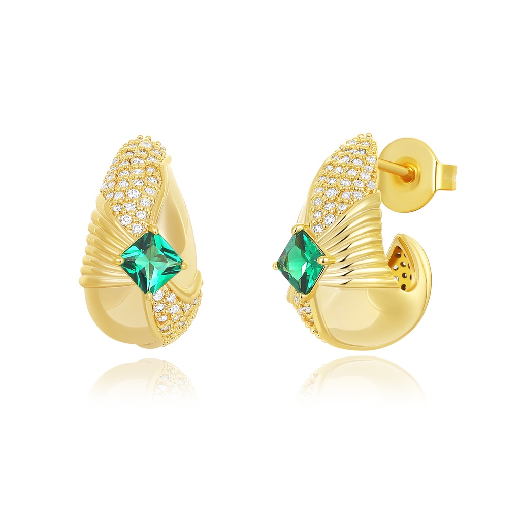 Retro Swirl Earrings with Emerald Green Princess Cut Crystals