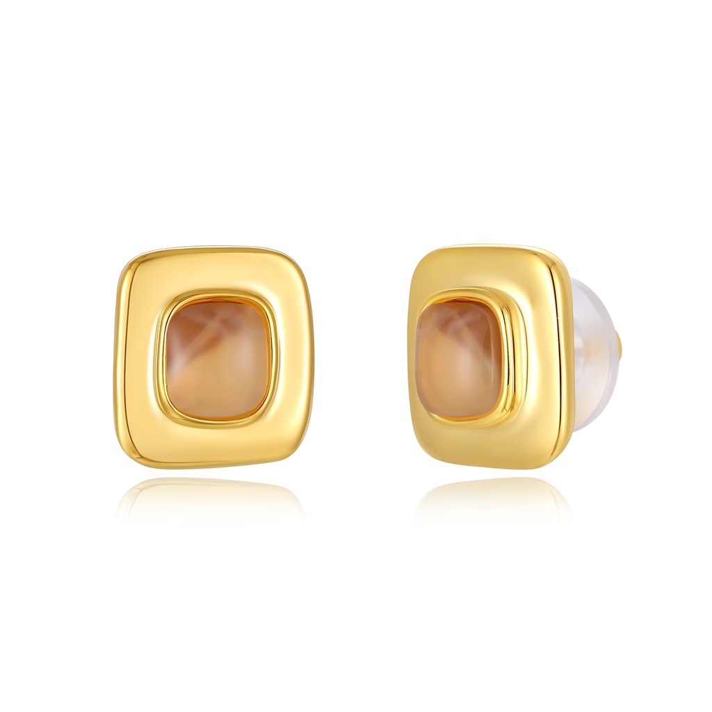 Retro square gold earrings with glossy light amber centerail