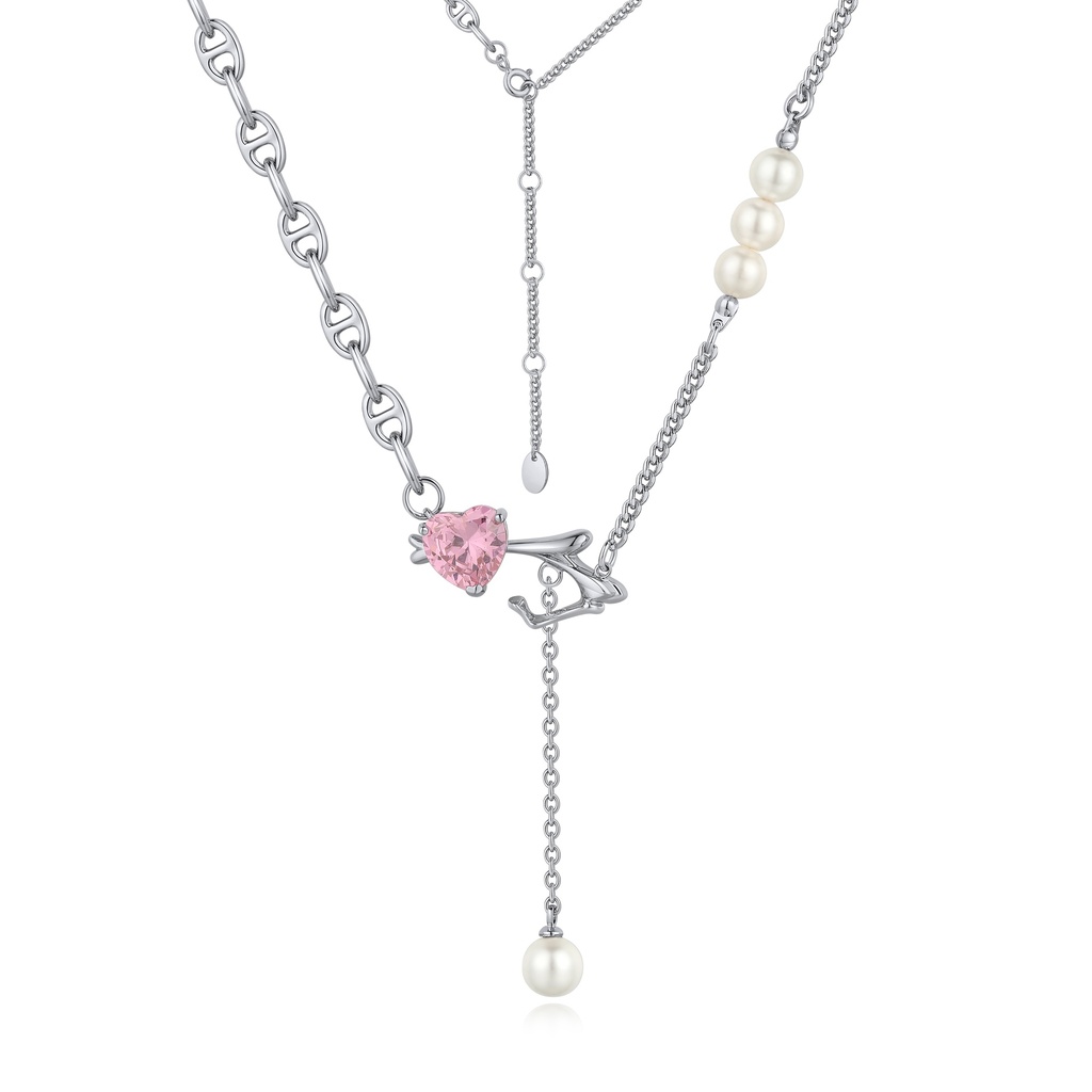Romantic Asymmetrical Necklace with Pink Heart and Pearls