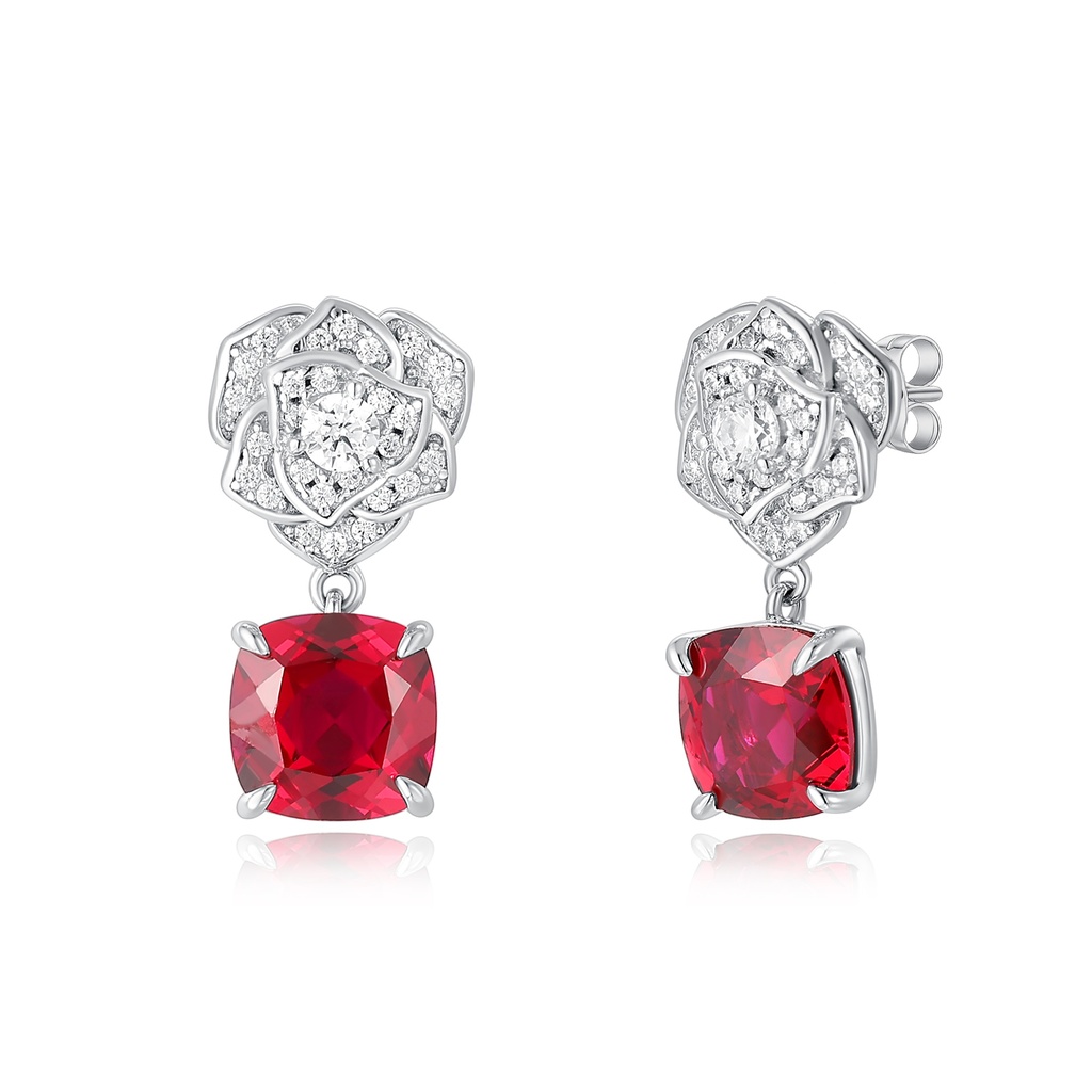 Romantic Rose-Inspired Ruby Drop Earrings with Diamond Petal Accents