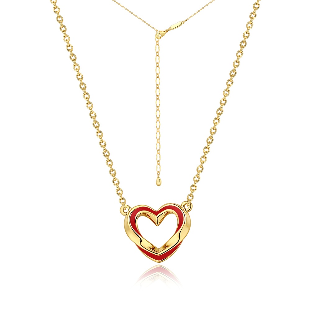 Romantic gold necklace with red enamel double heart pendant