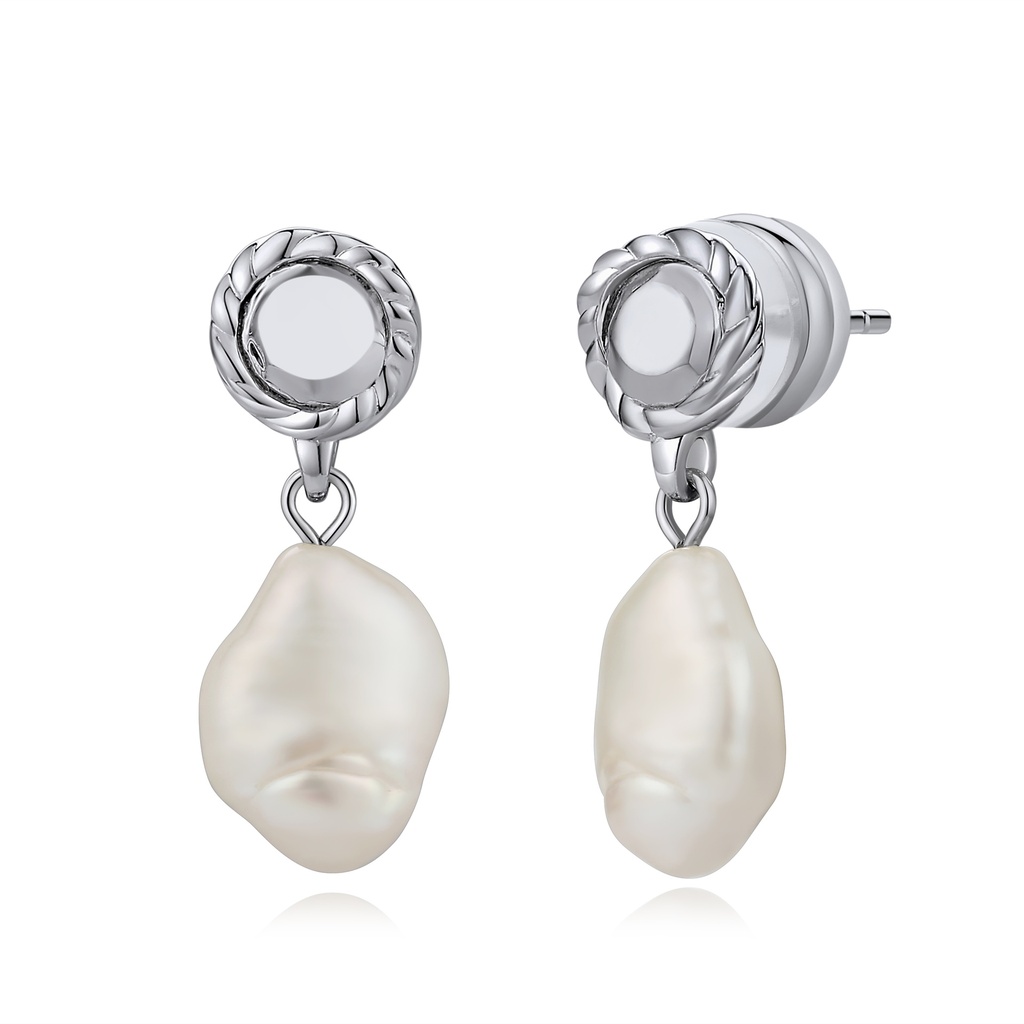 Rope Stud Baroque Pearl Earrings in Brass Modern Classic Design