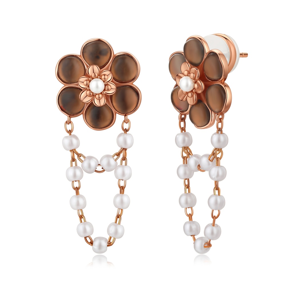 Rose Gold Floral Drop Earrings With Pearls And Feminine Charm