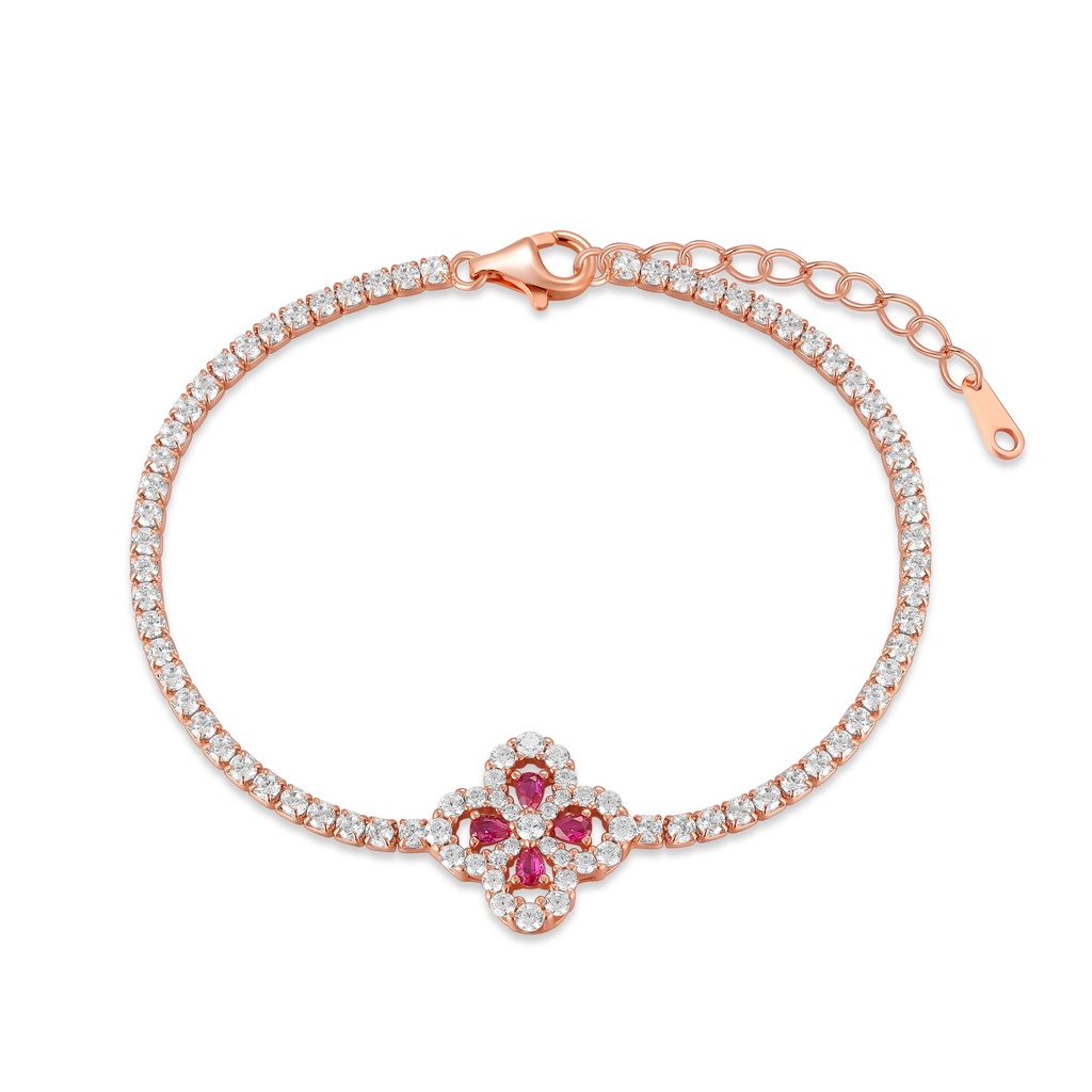 Rose Gold Stainless Steel Bracelet with Ruby Clover Zirconia