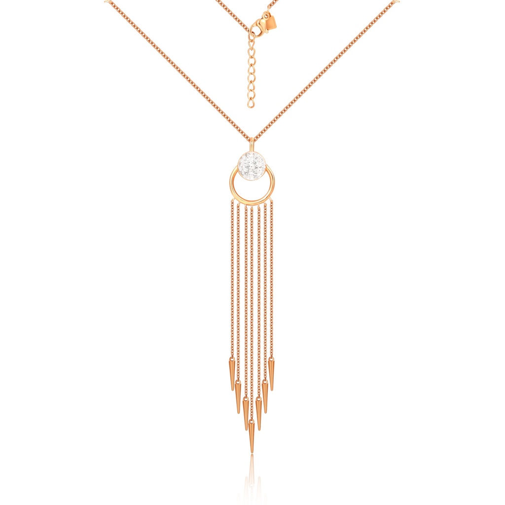 Rose Gold Stainless Steel Crystal Tassel Pendant Necklace with Spikes