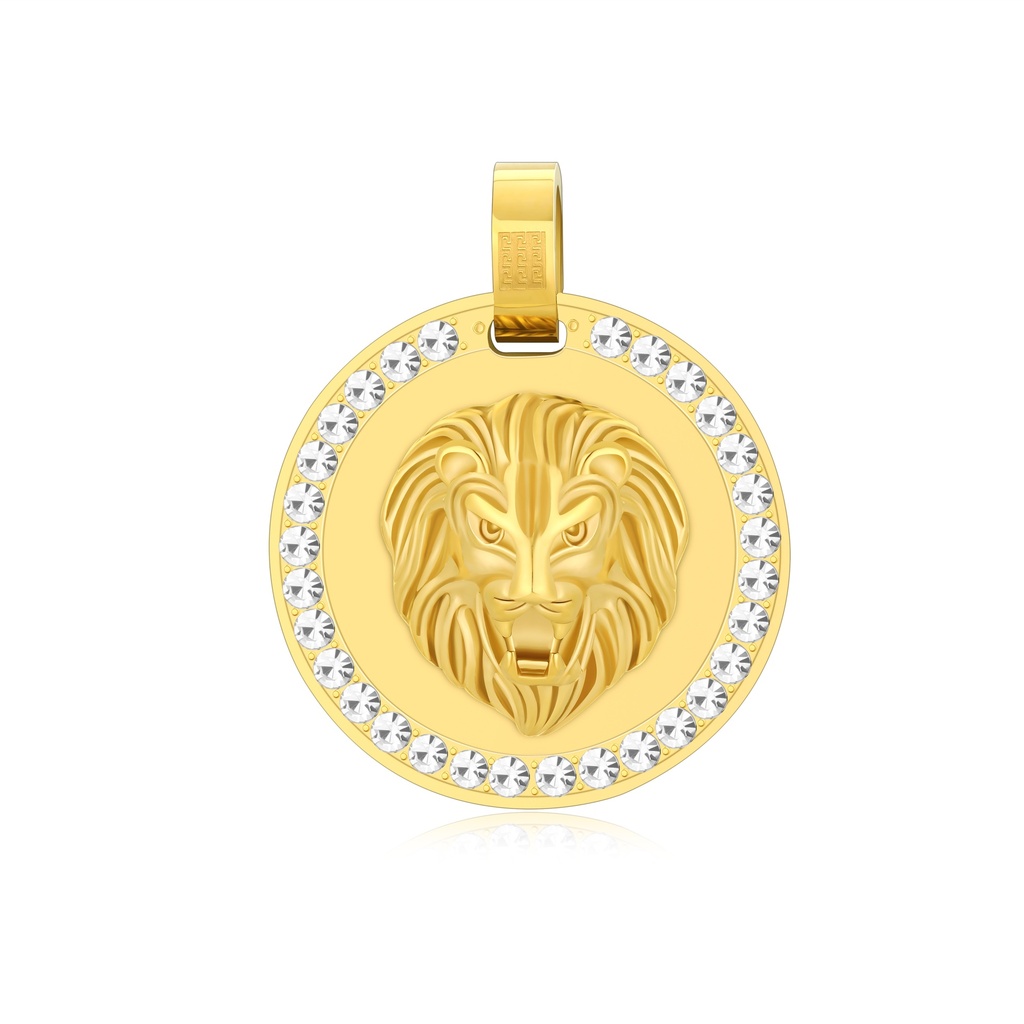 Round Gold Lion Head Pendant with Crystals – Bold Stainless Steel Jewelry