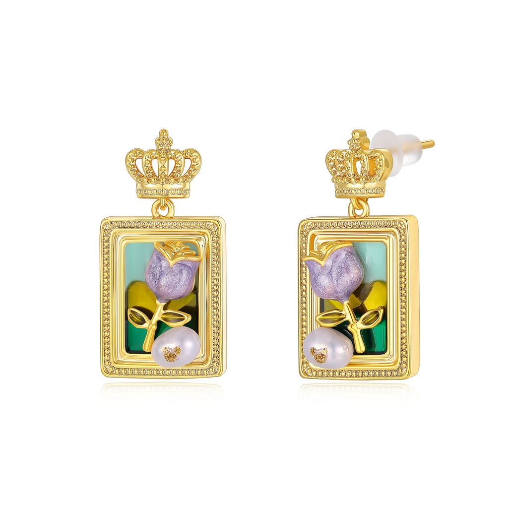 Royal Frame Earrings with Purple Rose, Pearls, and Crown Top