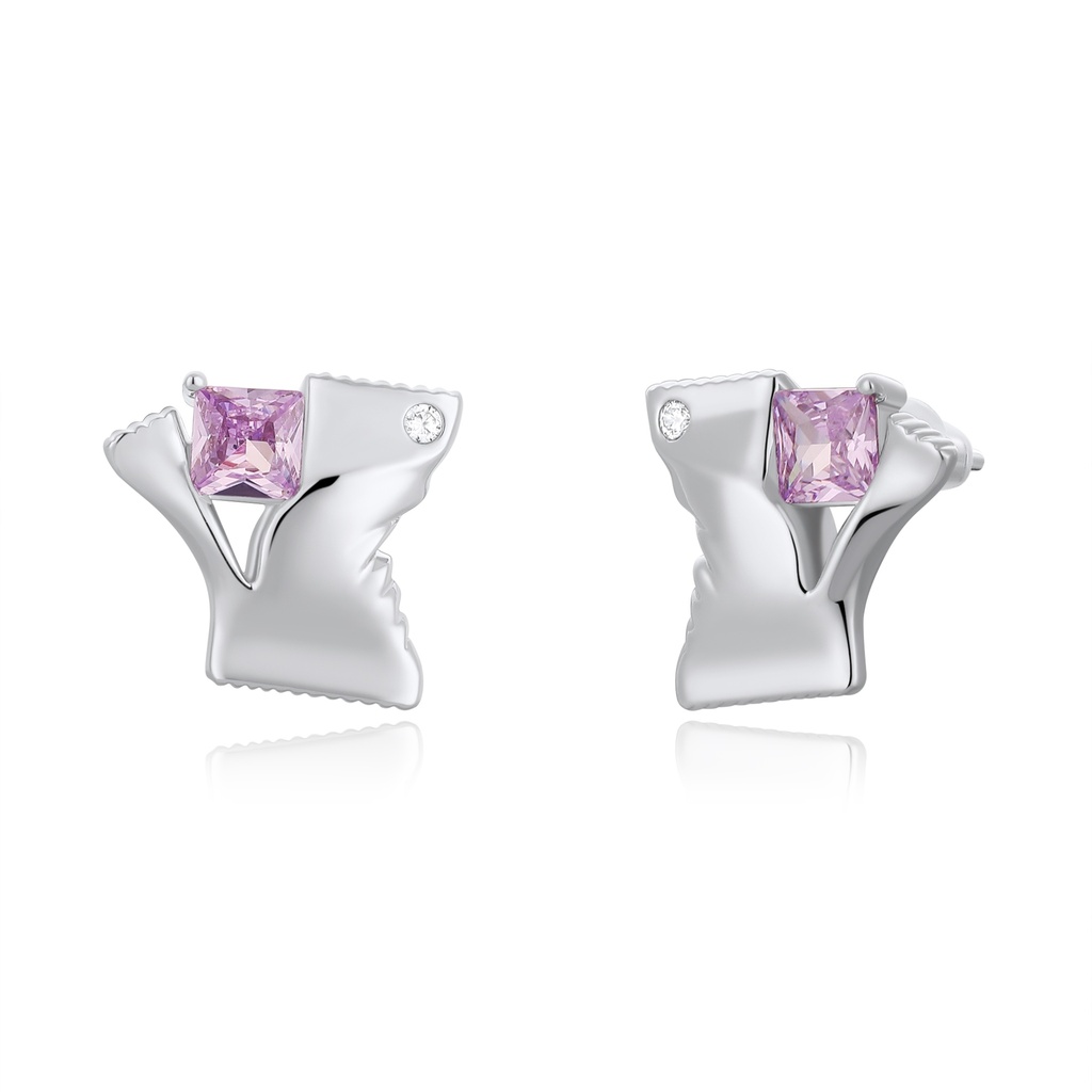 Sculpted Silver Ribbon Studs with Pink Princess Stone