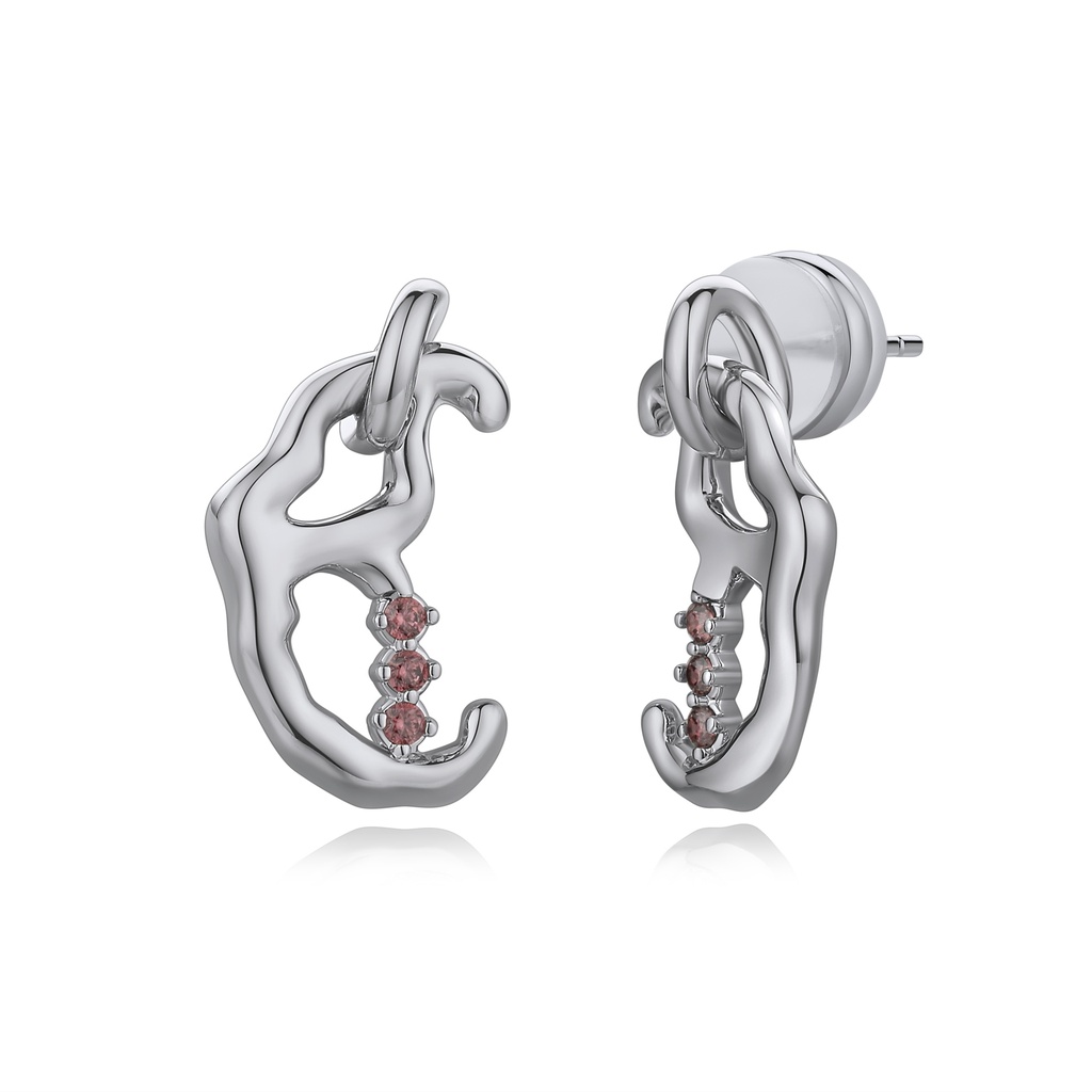 Sculptural Silver Hoop Earrings with Pink Gemstone Detailing