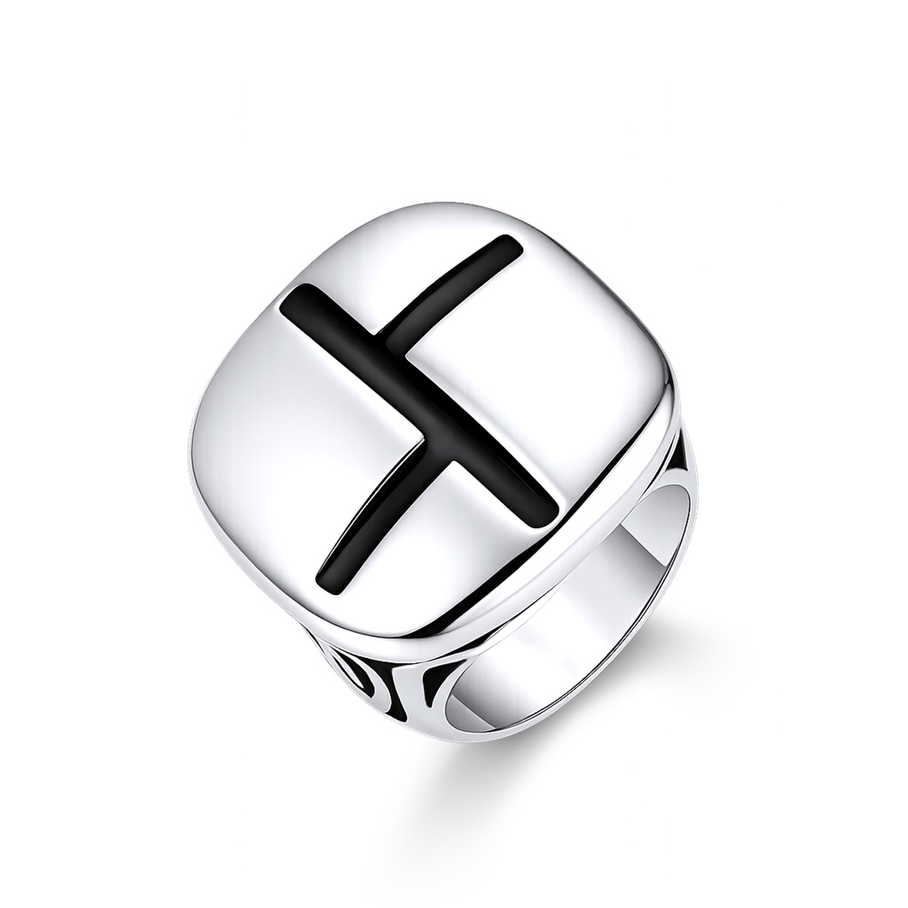 Bold Stainless Steel Ring with Black Cross Design for Men