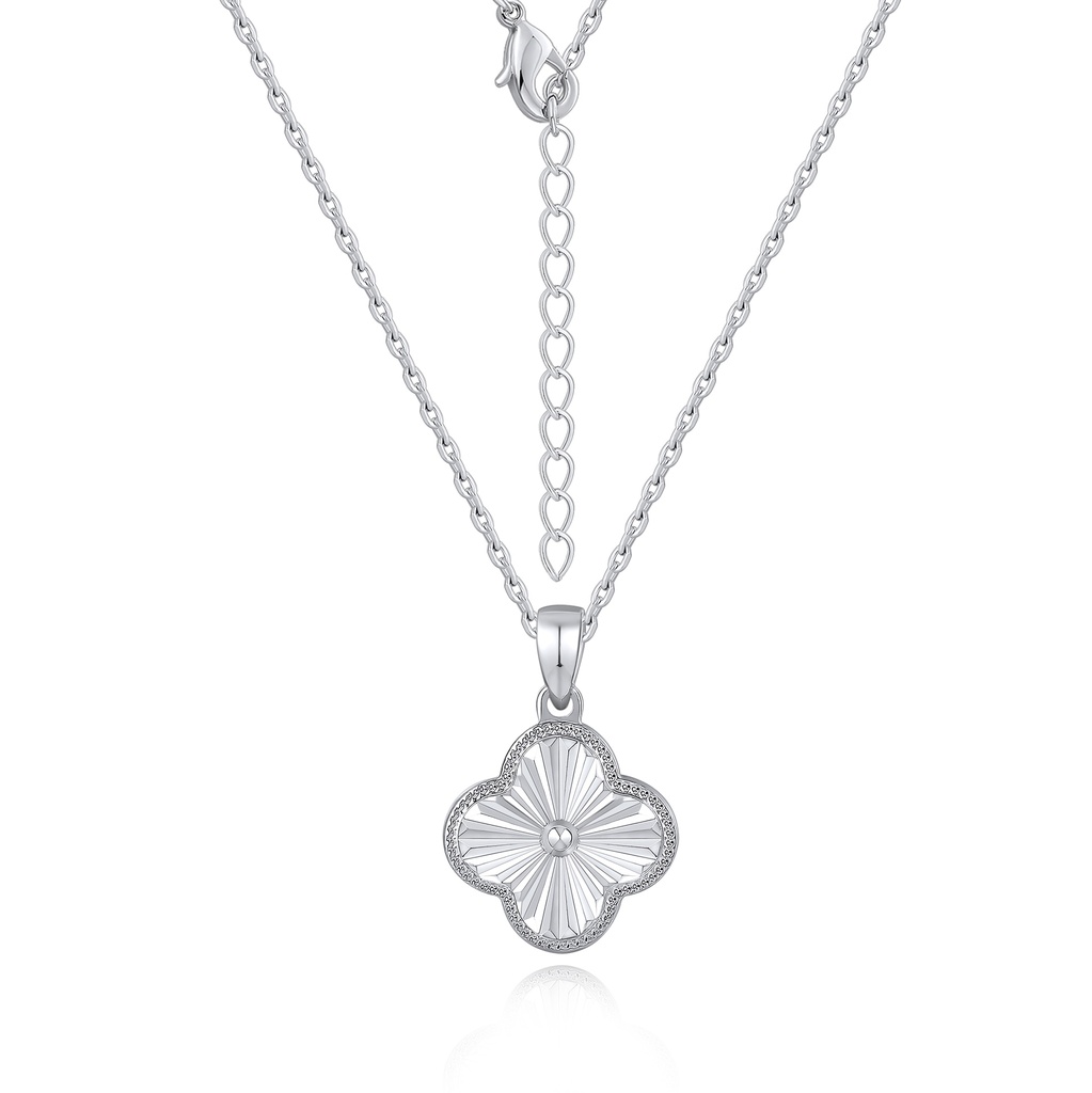 Shimmering Silver Clover Pendant with Radiant Sunburst Texture