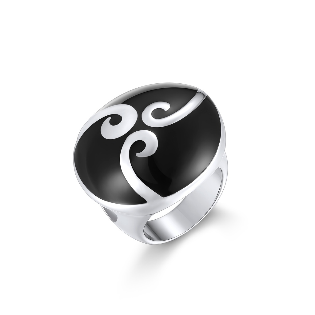 Bold Stainless Steel Ring with Black Enamel and Swirling Design
