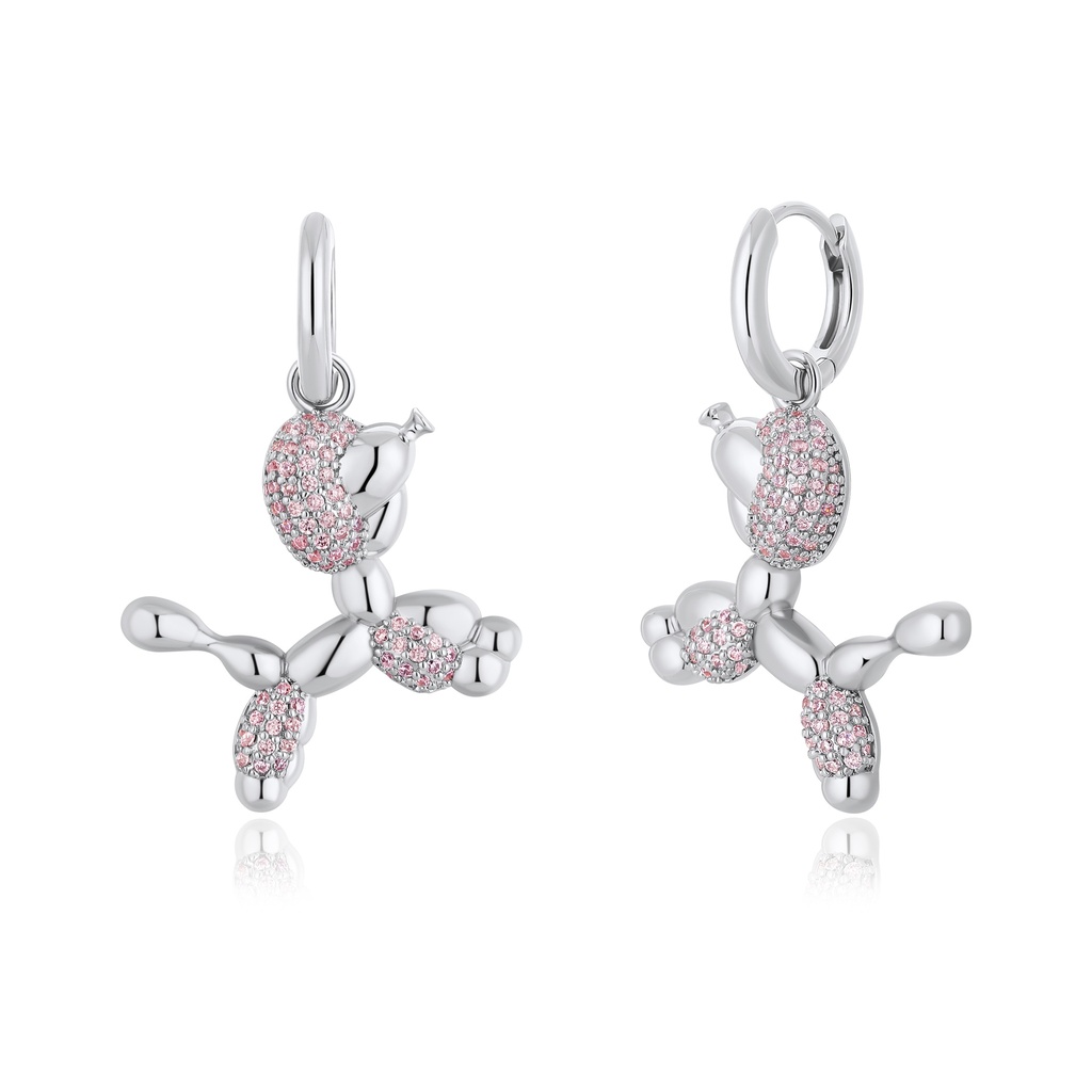 Silver Balloon Dog Drop Earrings with Sparkling Pink Accents