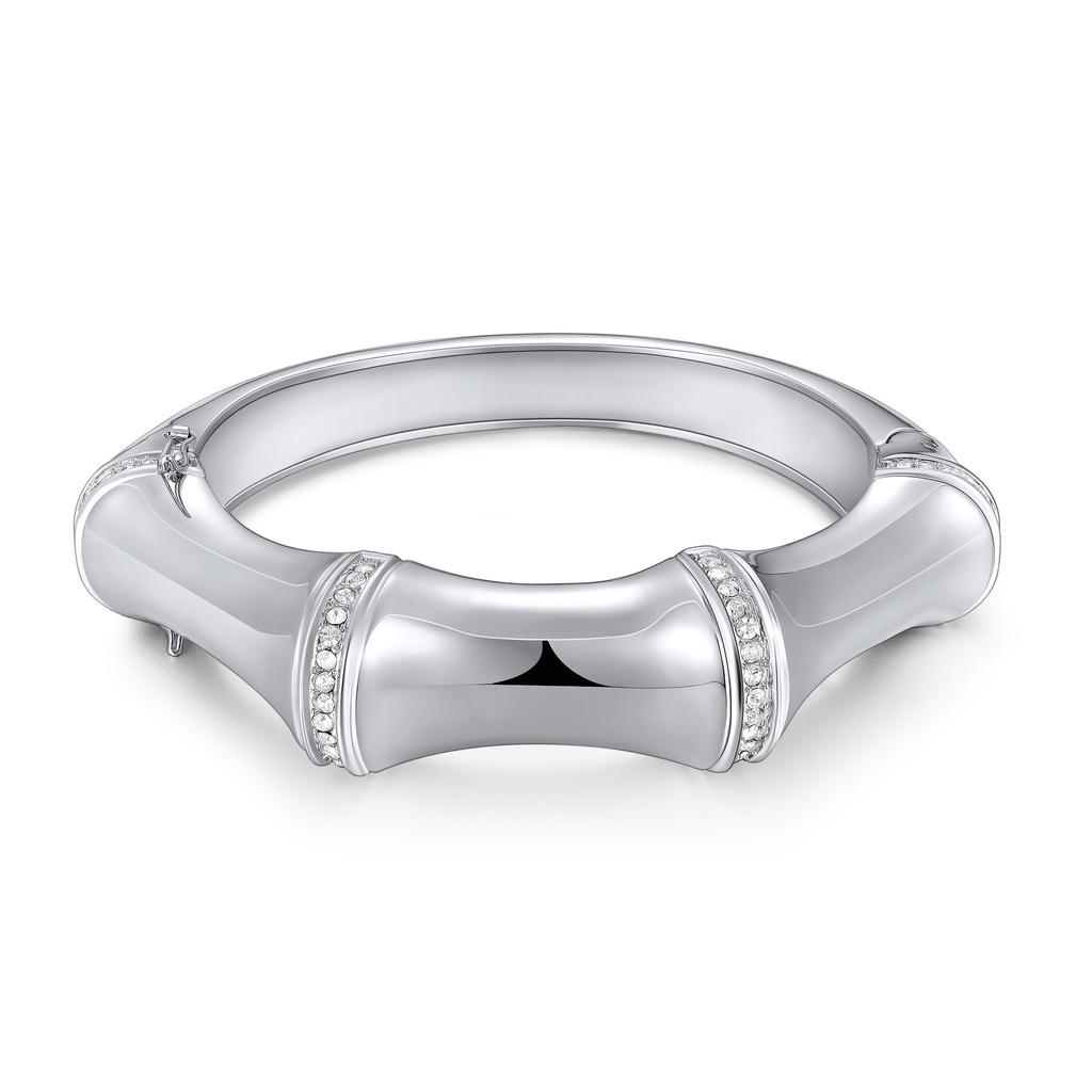 Silver Bamboo-Inspired Bangle with Crystal Accents Stainless Steel
