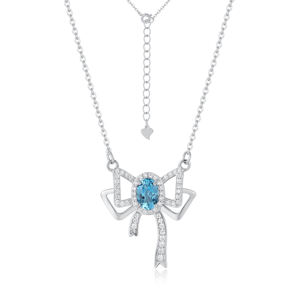 Silver Bow Pendant Necklace with Aqua CZ and Pave Diamond Accent