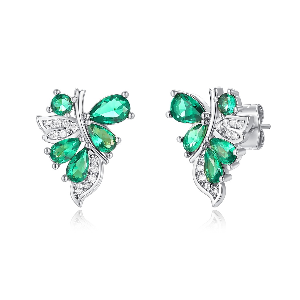 Silver Butterfly Earrings with Green Gemstones and Crystal Accents
