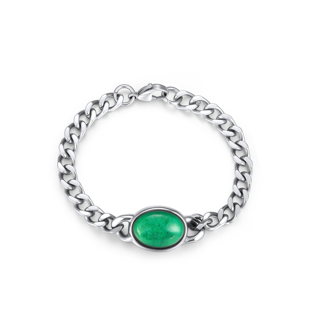 Silver Chain Bracelet with Oval Green Gemstone Centerpiece