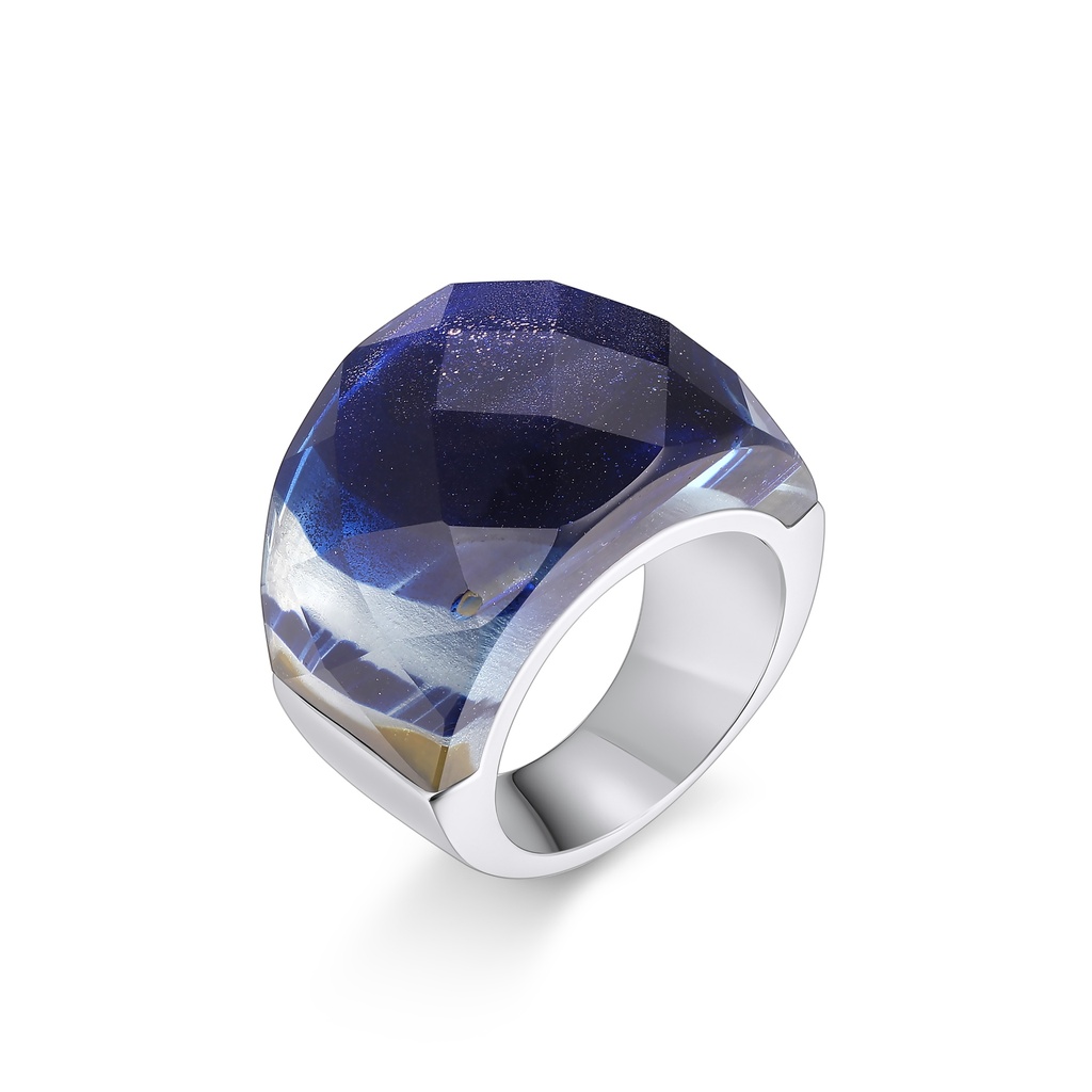 Bold Stainless Steel Ring with Faceted Deep Blue Resin Gem