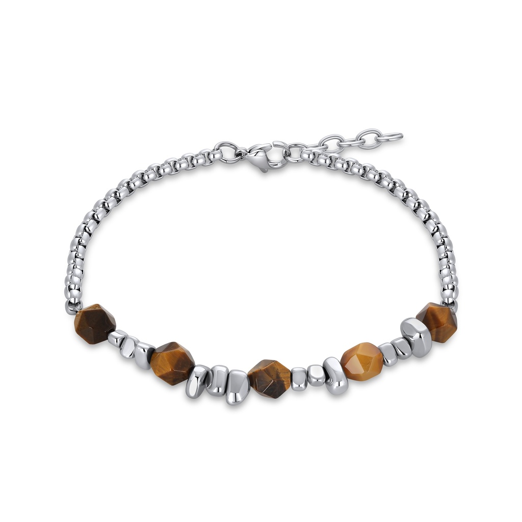 Silver Chain Bracelet with Tiger's Eye and Stainless Steel Beads