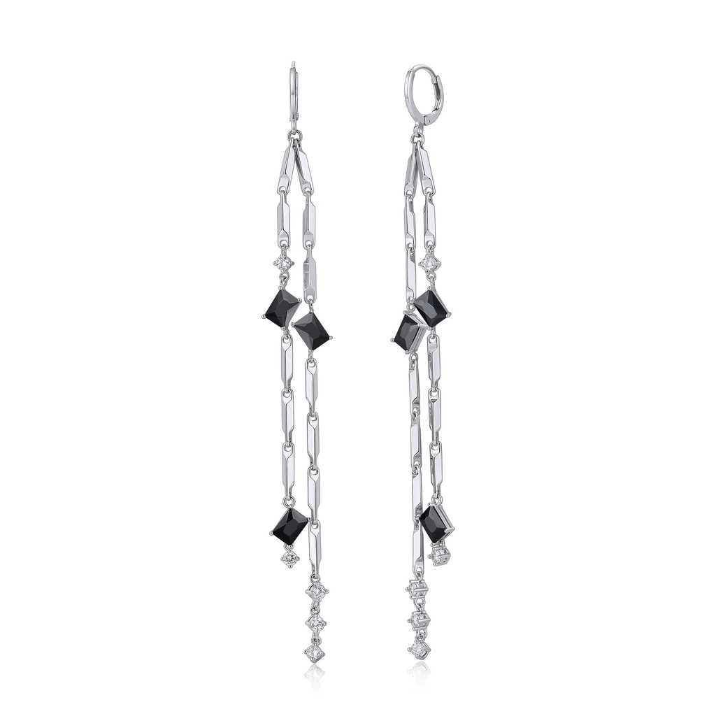 Silver Chain Dangle Earrings with Black CZ Accents