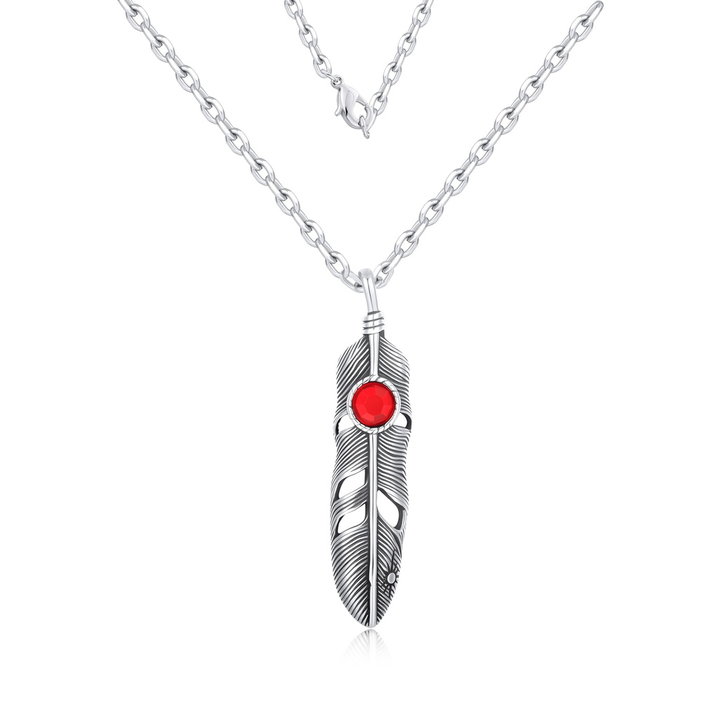 Silver Color Feather Pendant Necklace with Red Stone Accent Charm