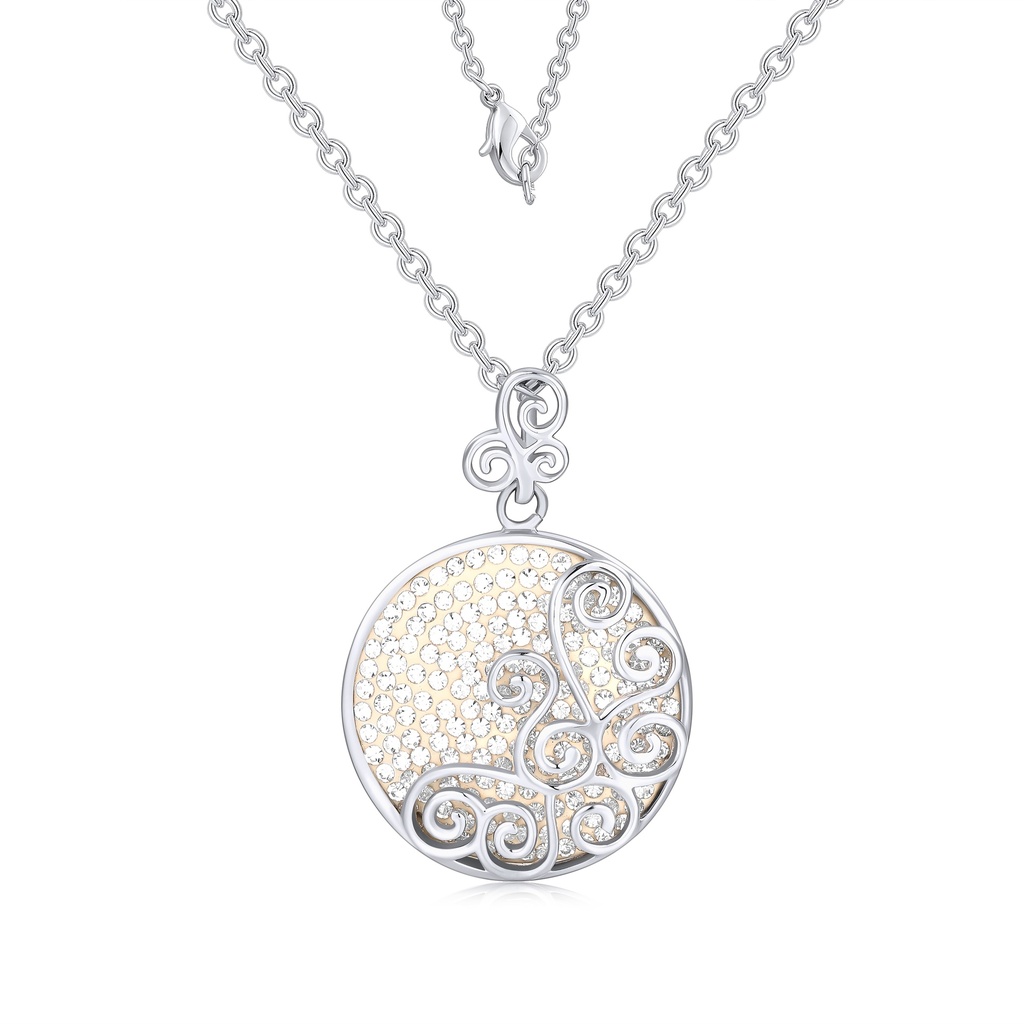 Silver Color Necklace with Filigree Swirl Pendant and Sparkling Crystals