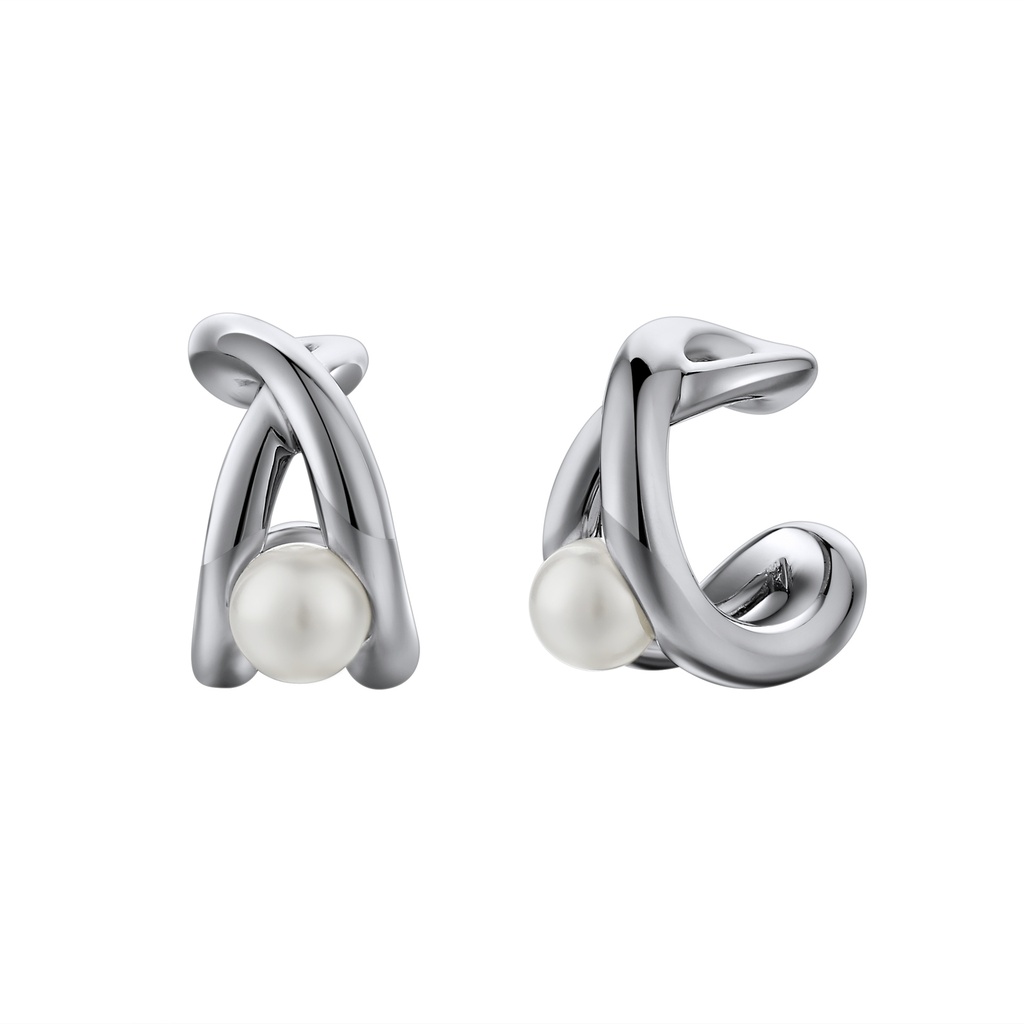 Silver Criss-Cross Pearl Earrings in Sculptural Brass