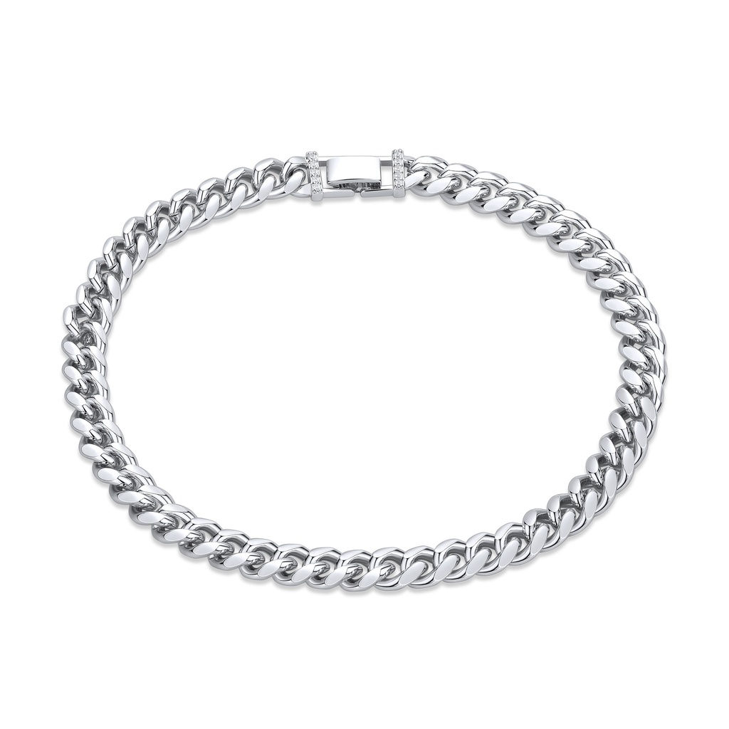 Silver Cuban Chain Necklace with Crystal Accent Clasp