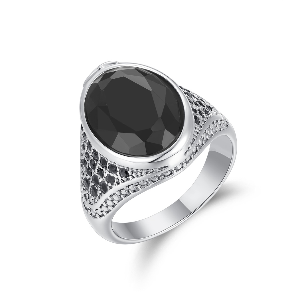 Bold Stainless Steel Ring with Large Black Faceted Center Stone