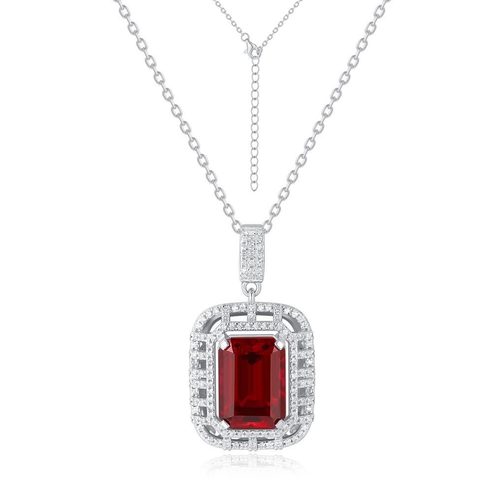 Silver Emerald-Cut Red CZ Halo Pendant Necklace, Adjustable Chain Glamorous