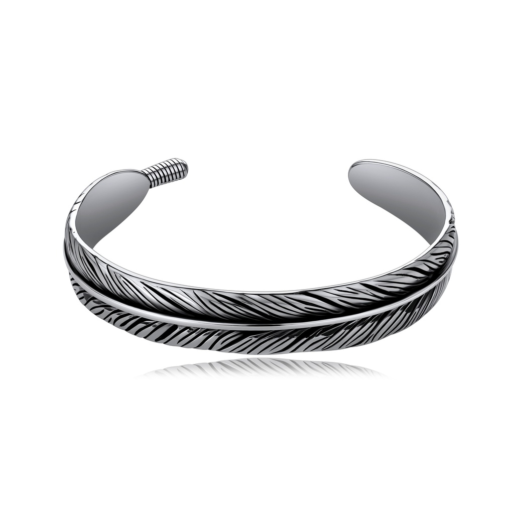 Silver Feather Pattern Open Cuff Bracelet in Stainless Steel