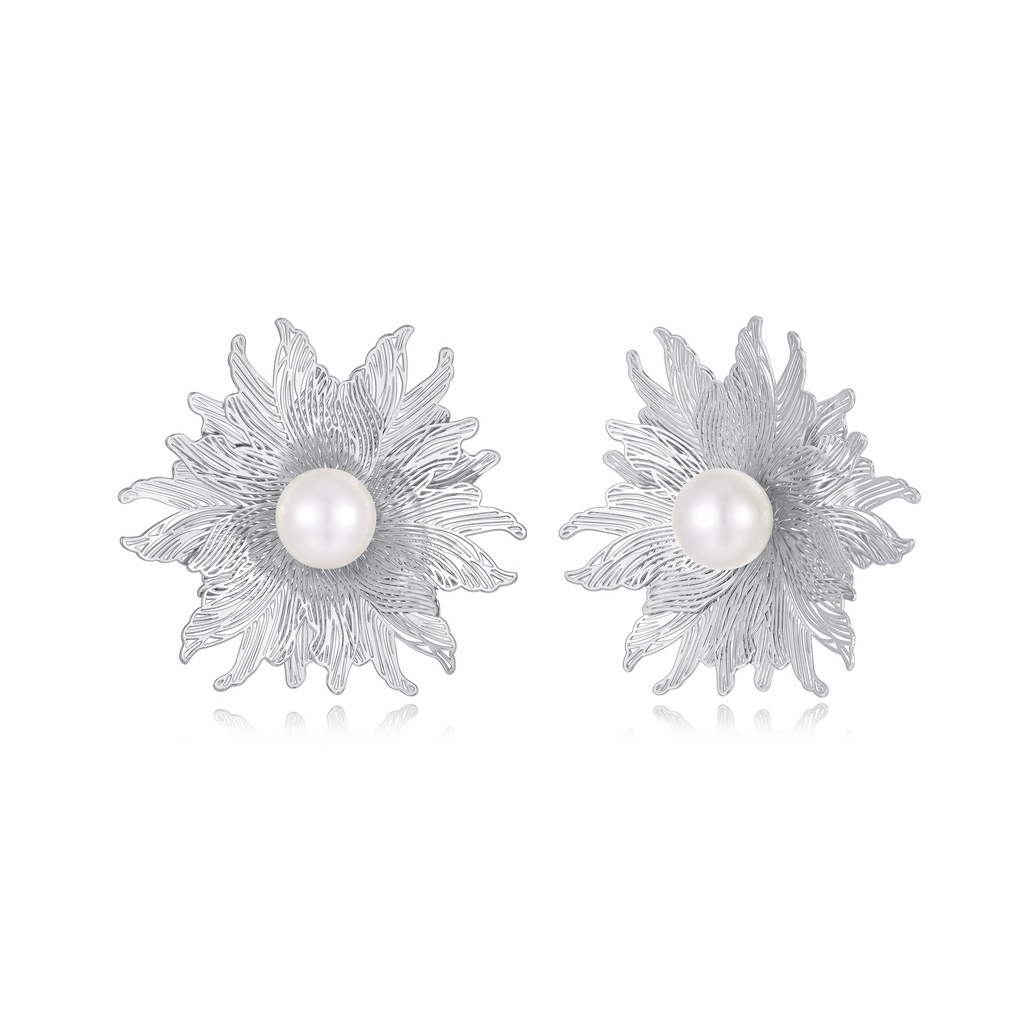 Silver Floral Pearl Stud Earrings with Textured Petal Finish