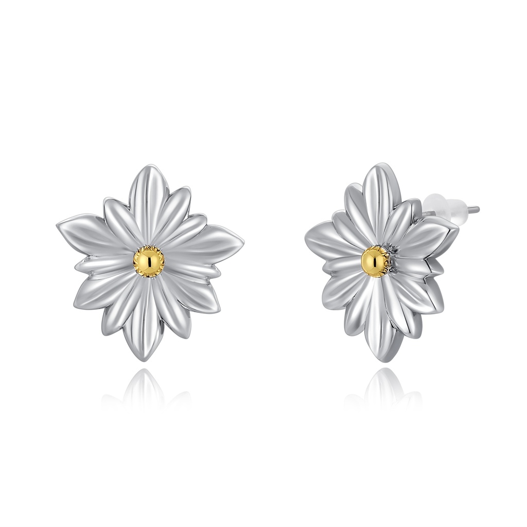 Silver Floral Stud Earrings with Golden Center Accent