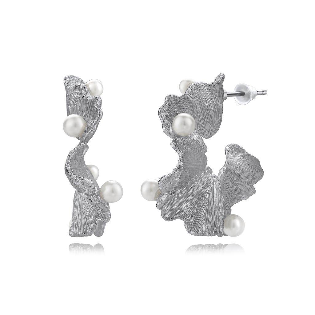 Silver Ginkgo Leaf Earrings with Floating Pearl Accents
