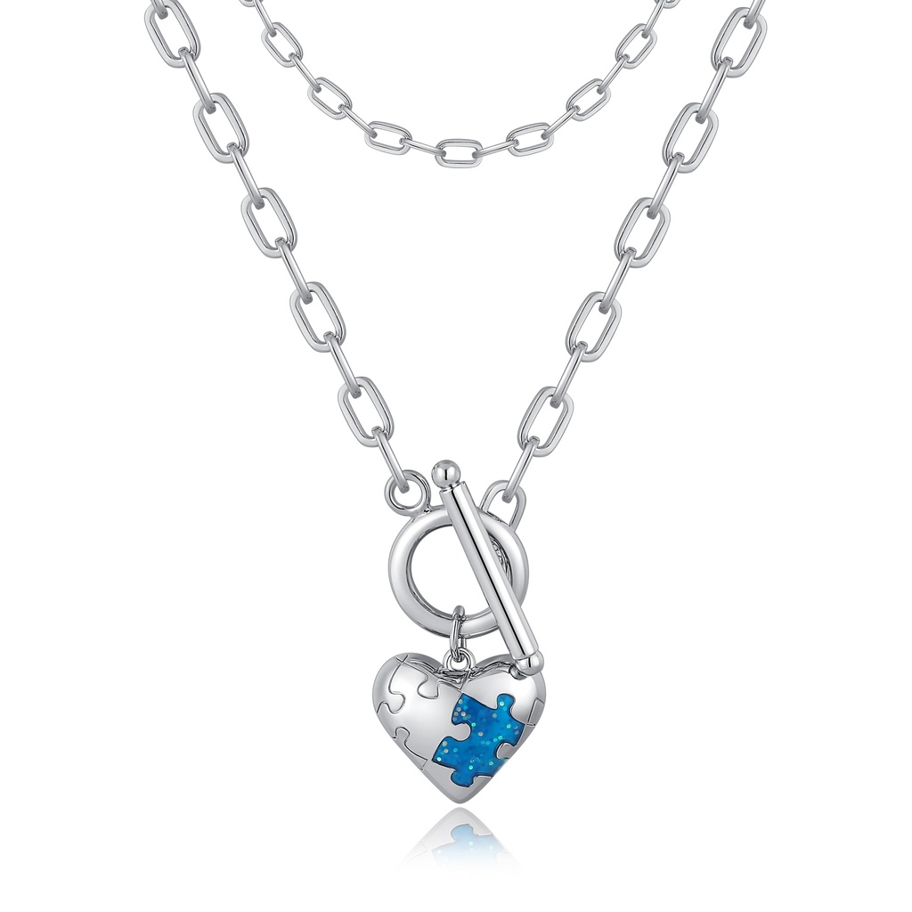 Silver Heart Puzzle Necklace with Blue Opal Inlay Charm