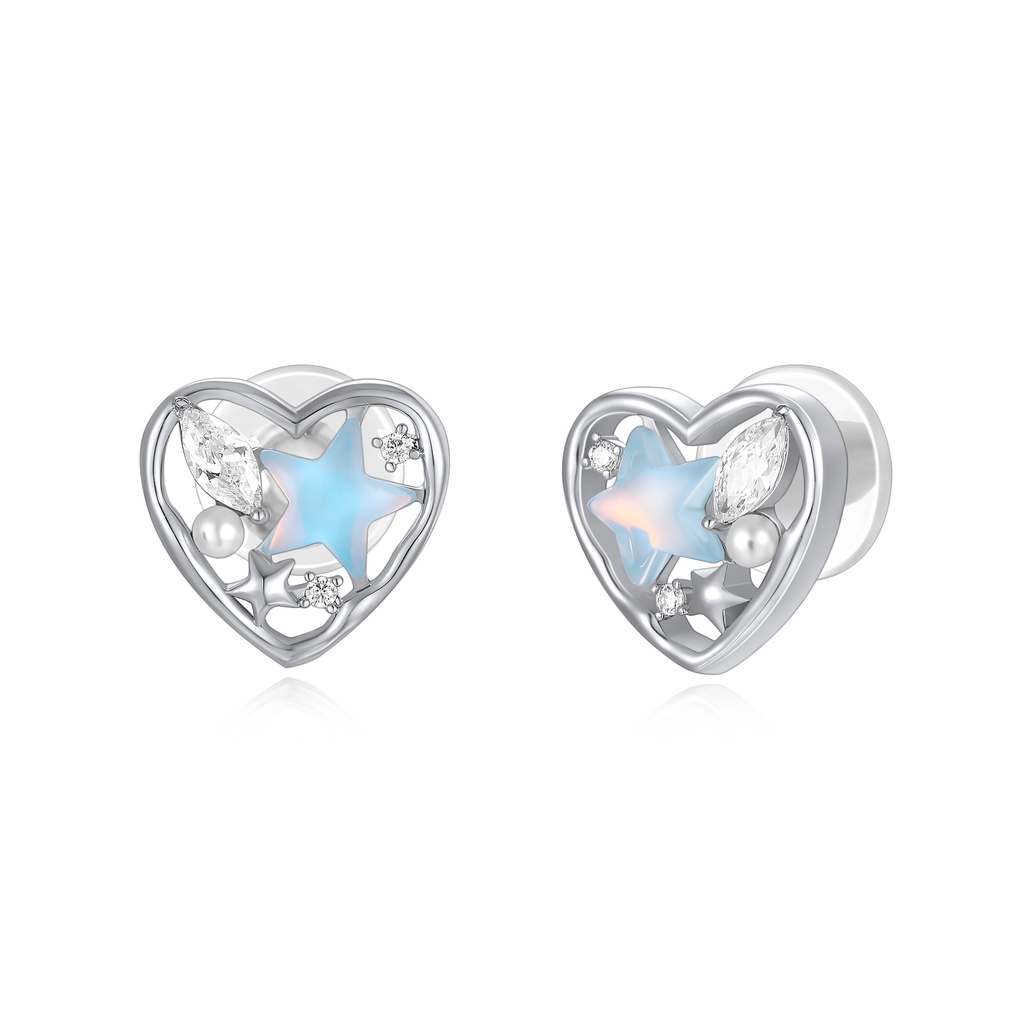 Silver Heart Stud Earrings with Stars, Pearls and Crystals