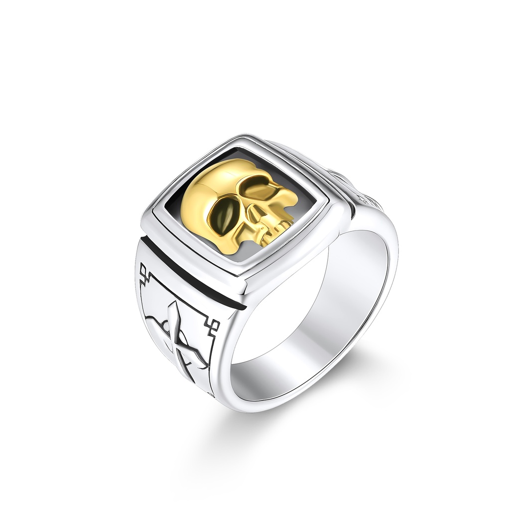 Bold Stainless Steel Ring with Striking Golden Skull Accent