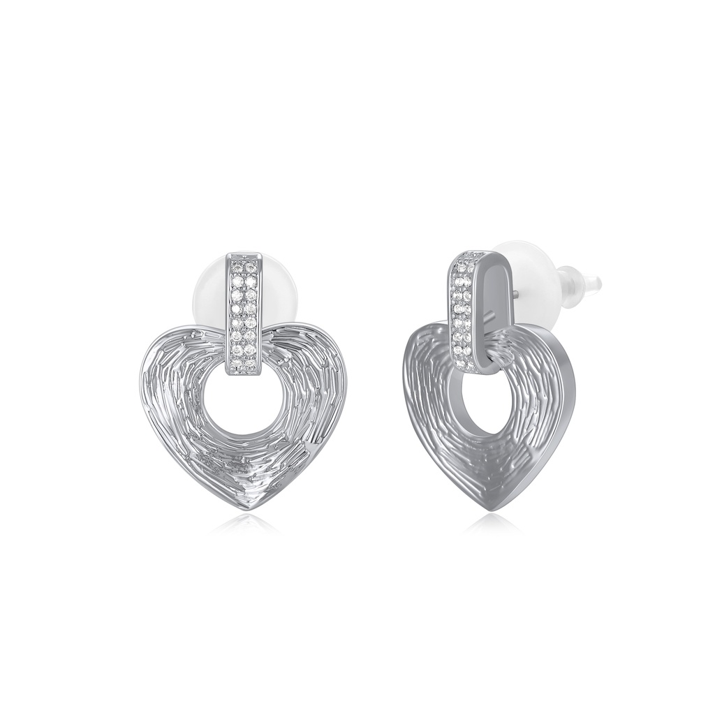 Silver Heart Textured Drop Earrings with Crystals