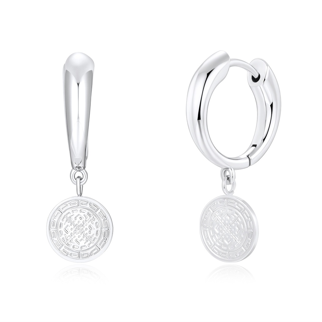 Silver Hoop Earrings with Engraved Lucky Coin Dangle Charm