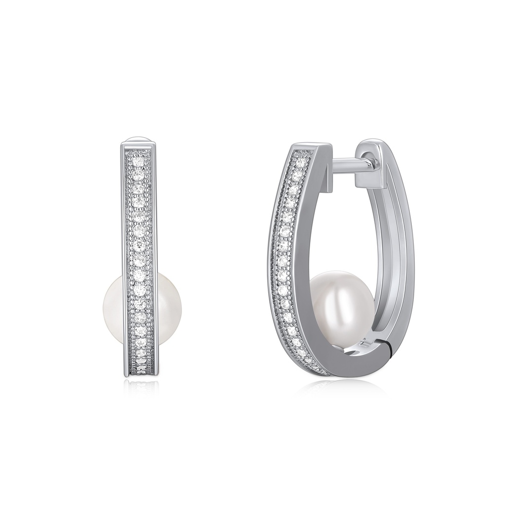 Silver Hoop Earrings with Pearl Accent and Pave CZ Shine
