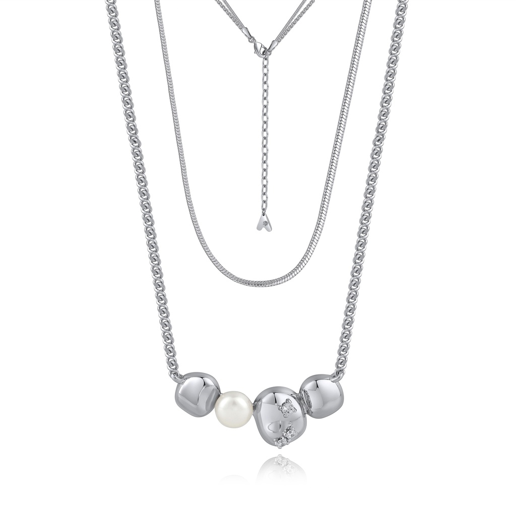 Silver Multi-Layer Necklace with Pearl and Bead Charms