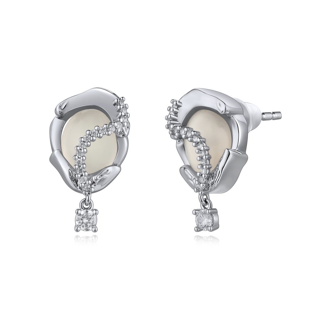 Silver Oval Moonstone Stud Earrings with Cubic Zirconia Dangle