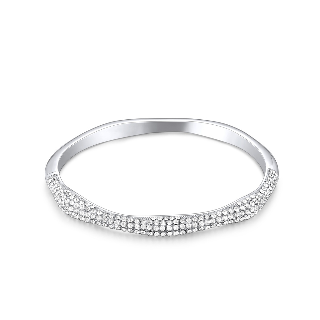 Silver Pavé Stainless Steel Bangle with Faceted Contour and Brilliant Shine
